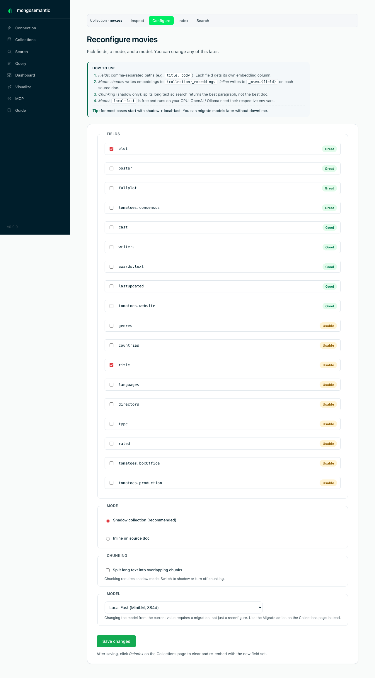 Configure semantic search — discovered fields as checkboxes with suitability badges, shadow/inline mode, chunking, model picker
