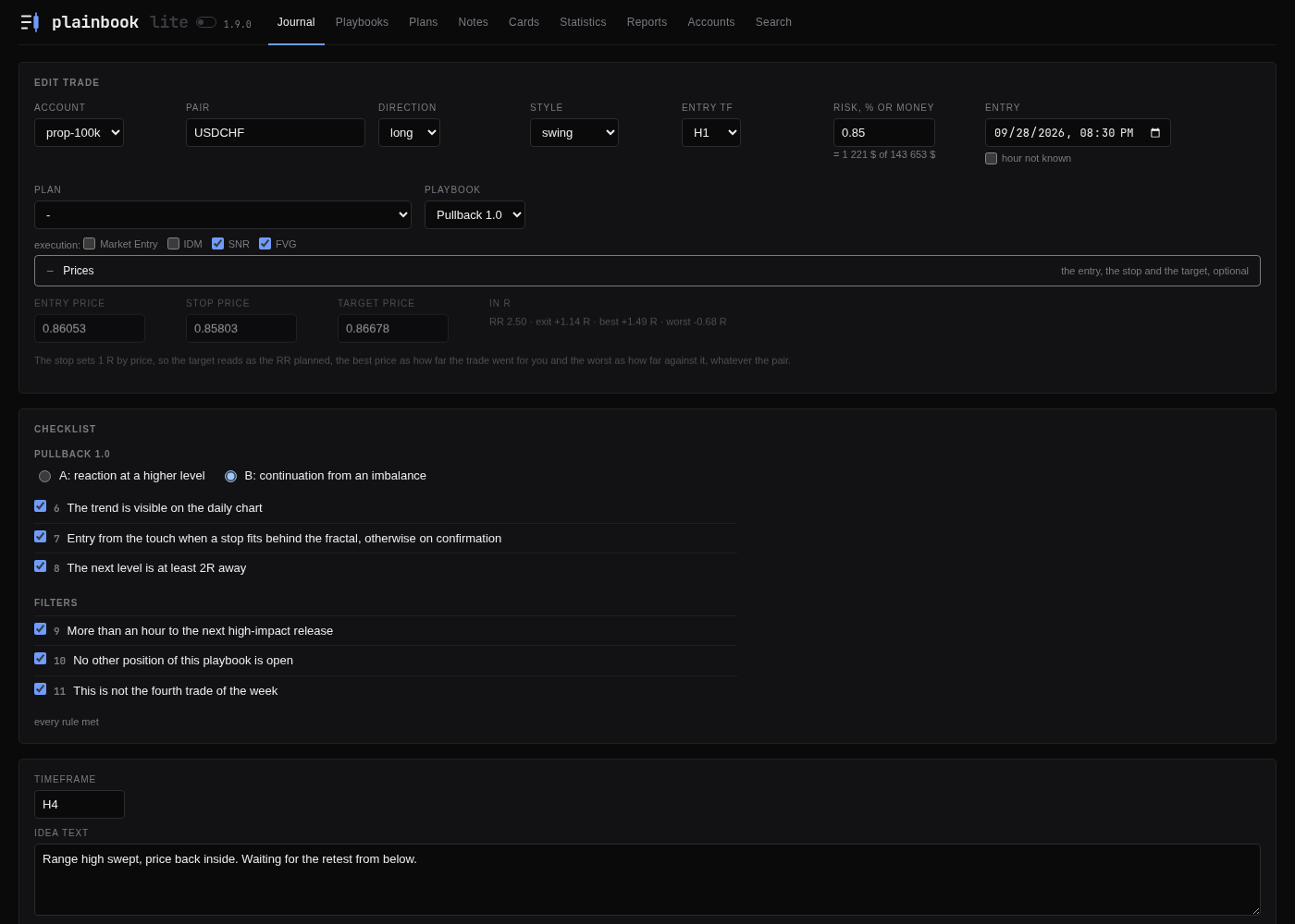 The form of a trade: the fields, the checklist of the playbook, the idea with its screenshot
