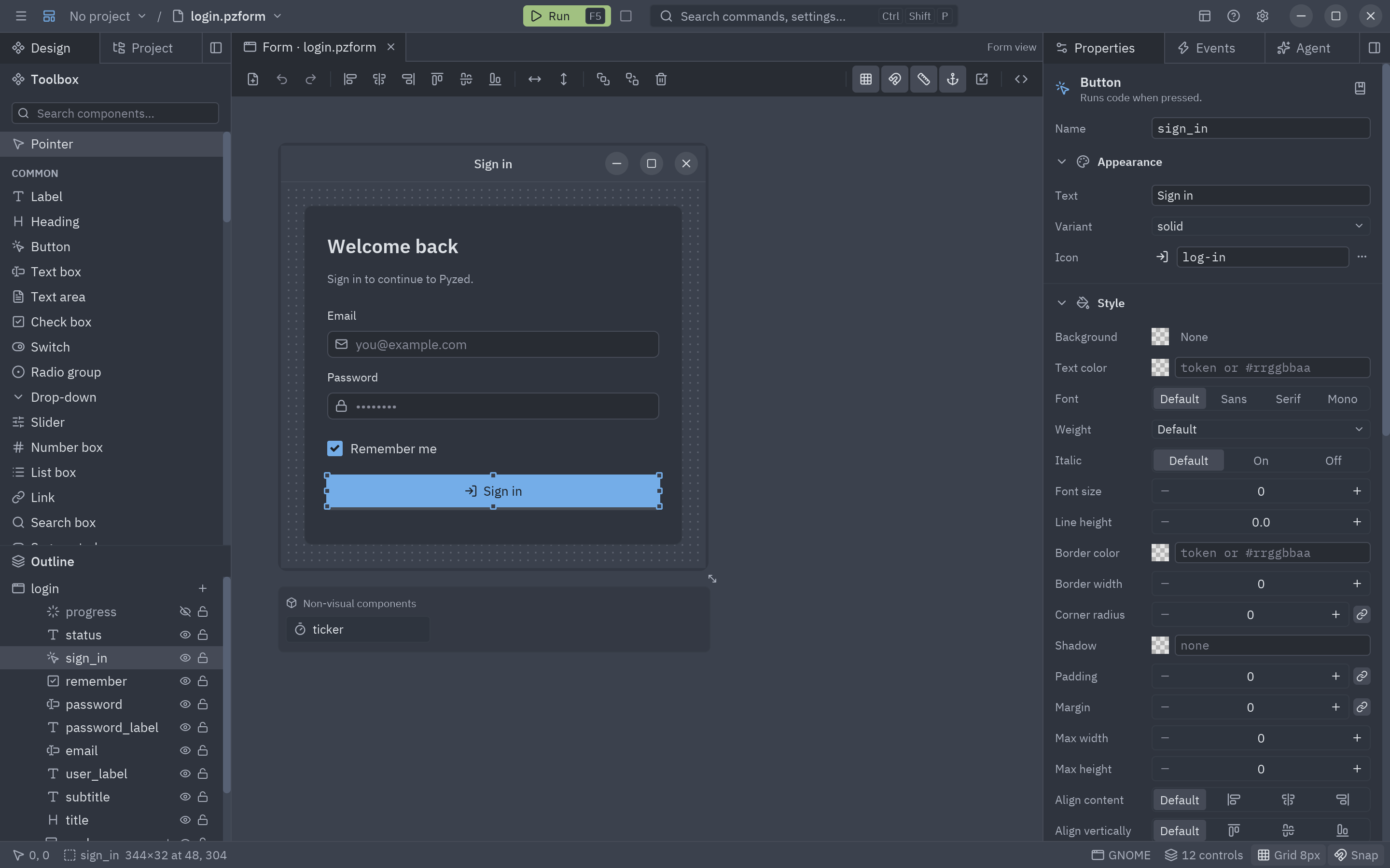 Pyzed Design with a sign-in form open