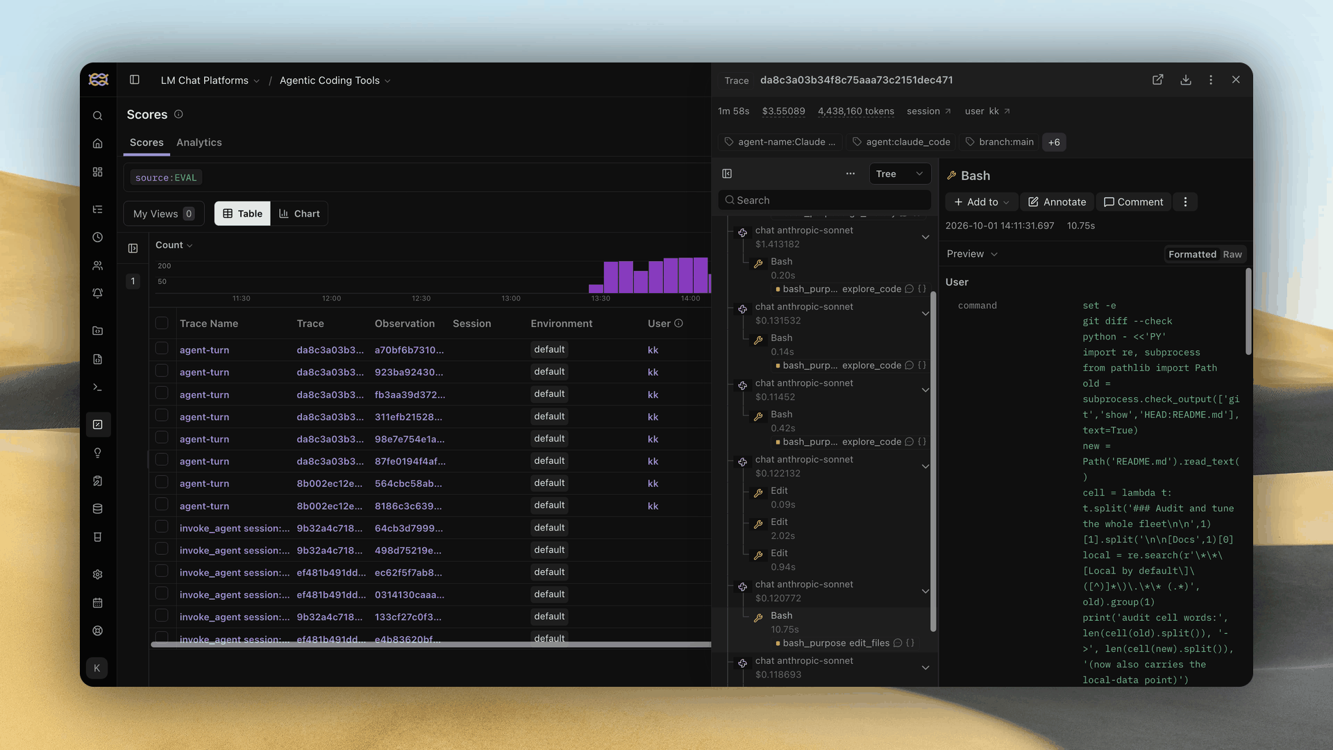 Langfuse Scores view of evaluator scores beside an agent-turn trace whose Bash spans each carry a bash_purpose label such as explore_code or edit_files, with the selected call's command open