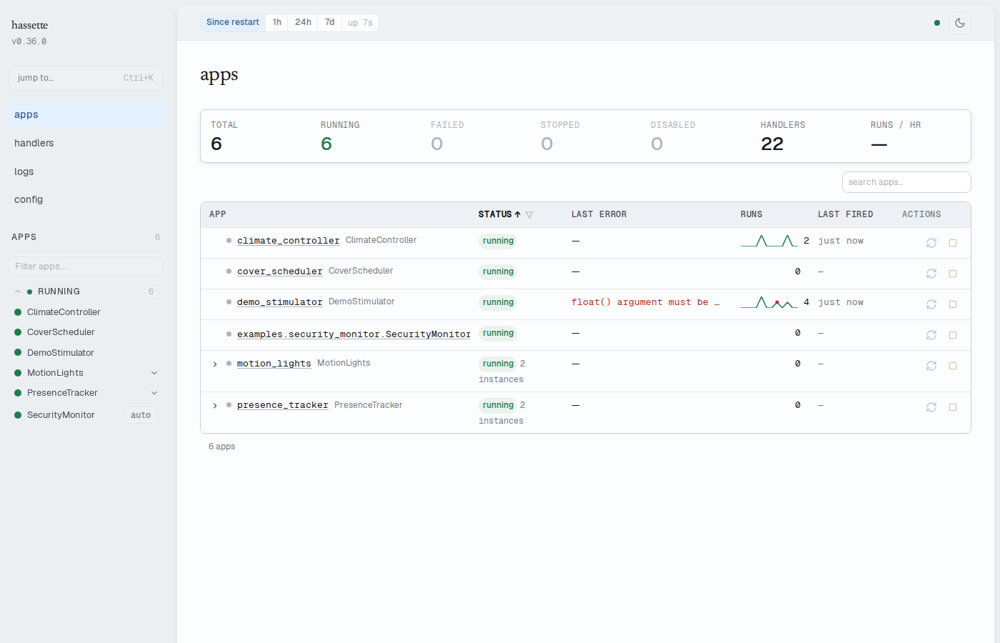 Hassette Web UI — Apps page