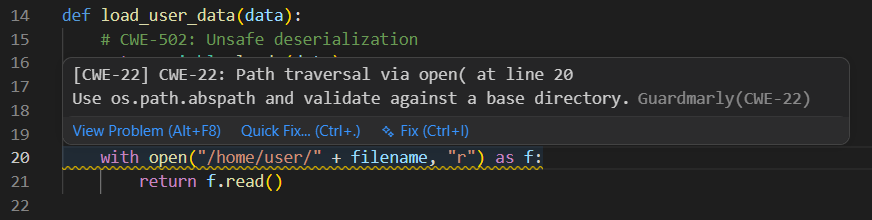 Guardmarly in action — CWE-22 path traversal detection in VS Code
