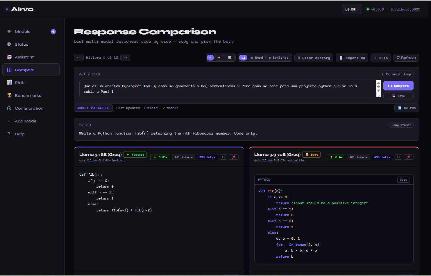 Airvo Dashboard - Compare