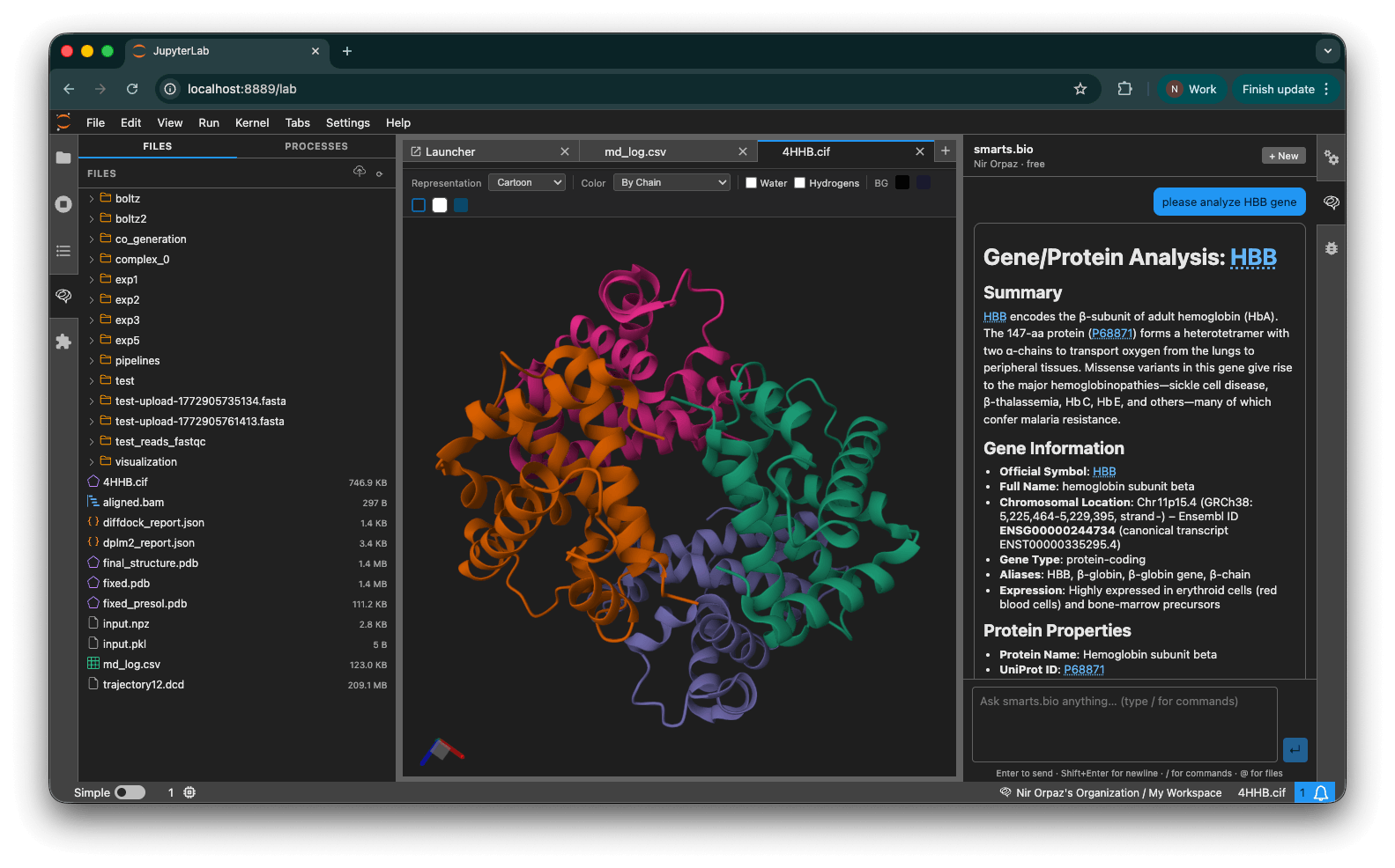 smarts.bio in JupyterLab — 3D structure viewer and AI chat