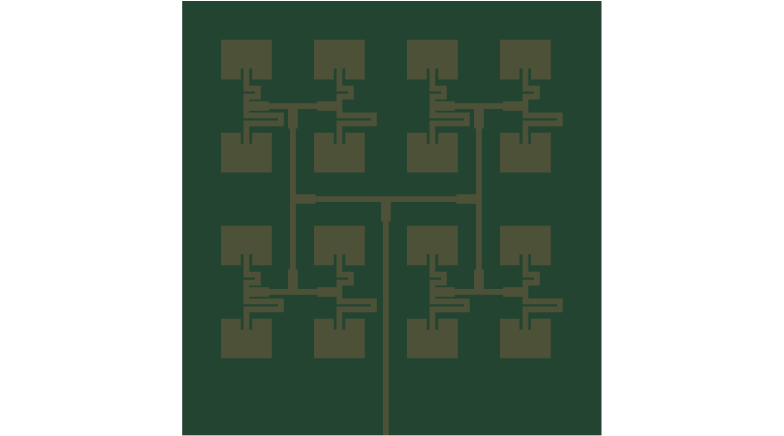 4x4 corporate-fed patch array, generated and DRC-verified by antenna-cad