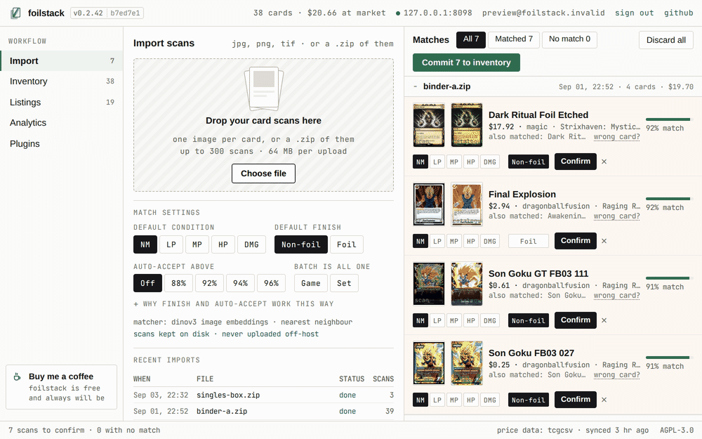 A scan of the whole workflow: reviewing matched cards, confirming one into inventory, opening a card to see its price trend, and exporting the selection as a marketplace CSV
