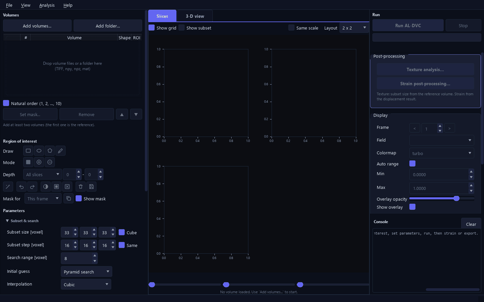 pyALDVC workflow: load volumes, draw a region of interest, run, strain post-processing, 3-D view