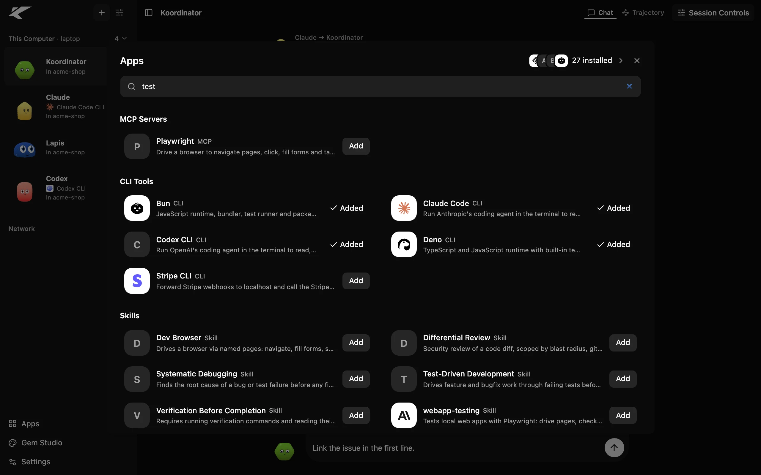 The Apps screen in Kollab's browser UI: MCP servers, CLI tools and skills, each with an Add button