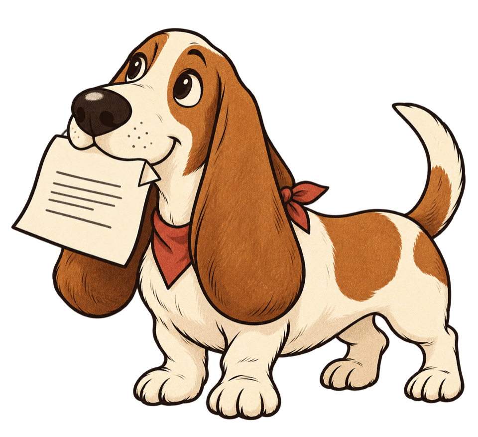 Paperhound, a long-eared hound with a red neckerchief, fetching an academic paper.