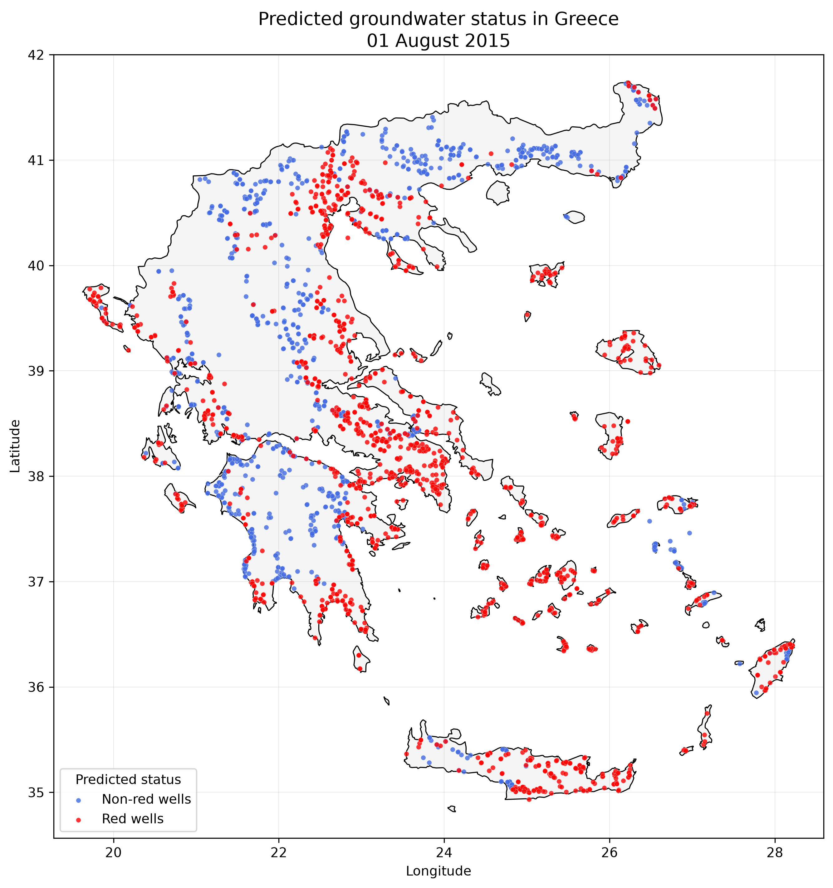 Predicted groundwater status in Greece on 1 August 2015
