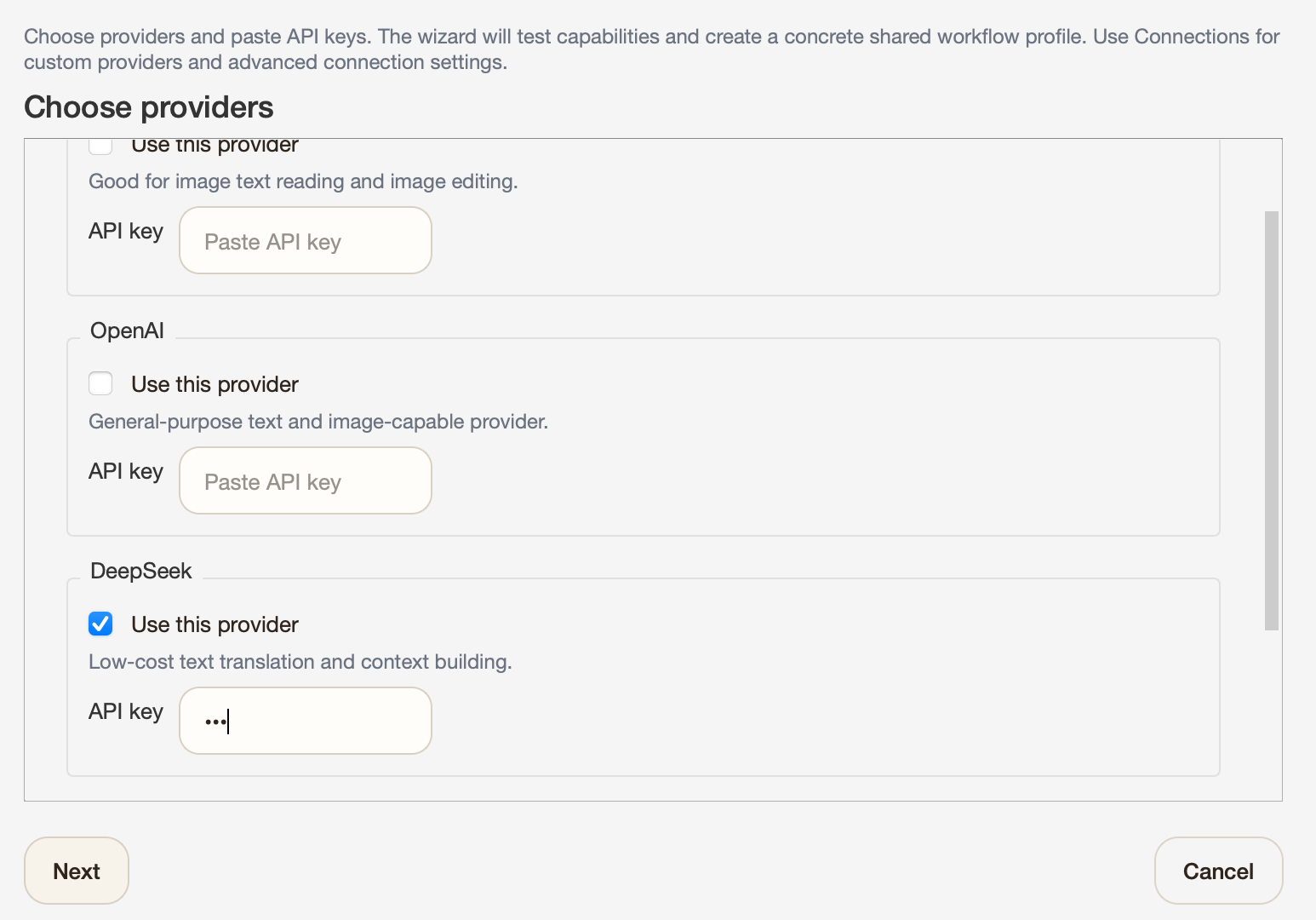 Setup wizard provider selection