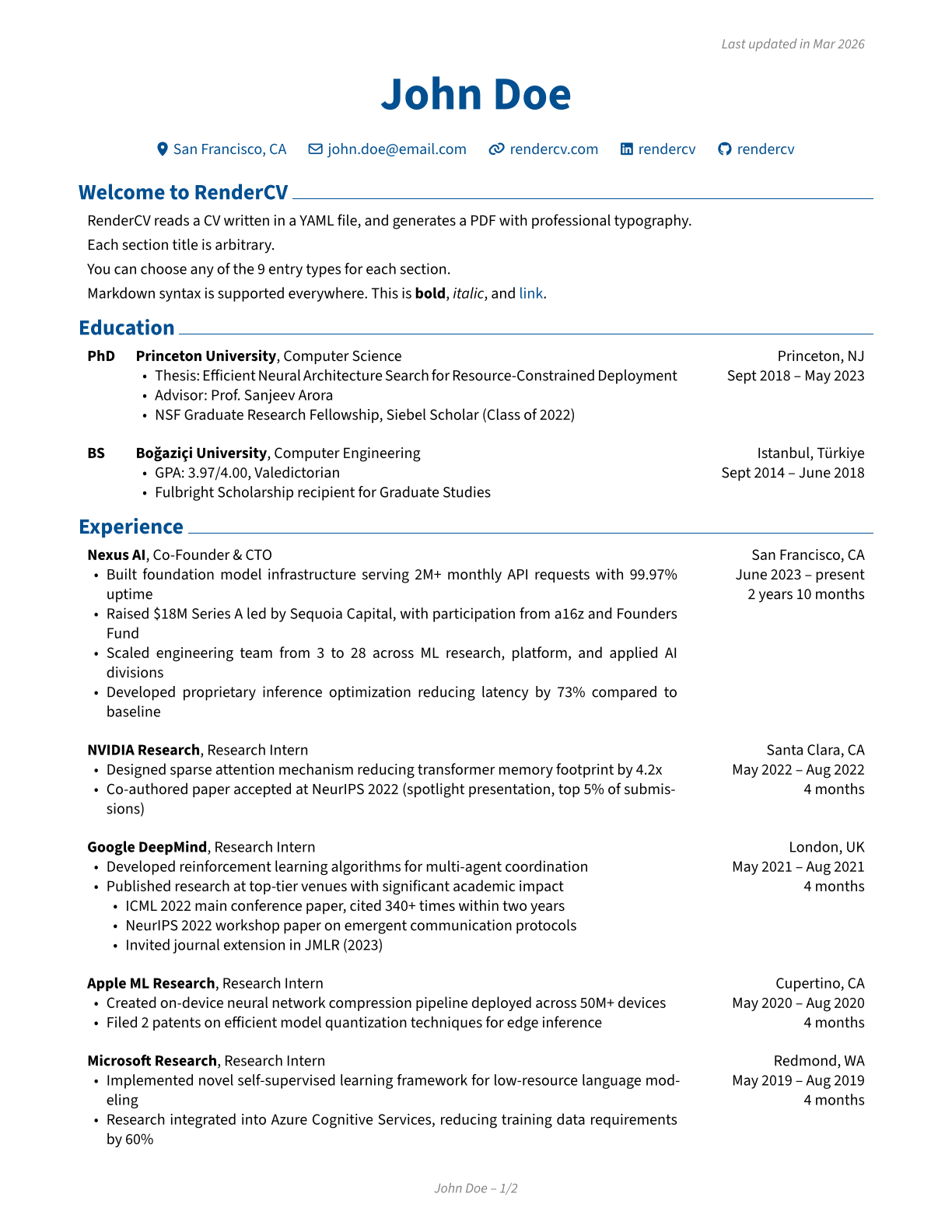 Classic Theme Example of RenderCV