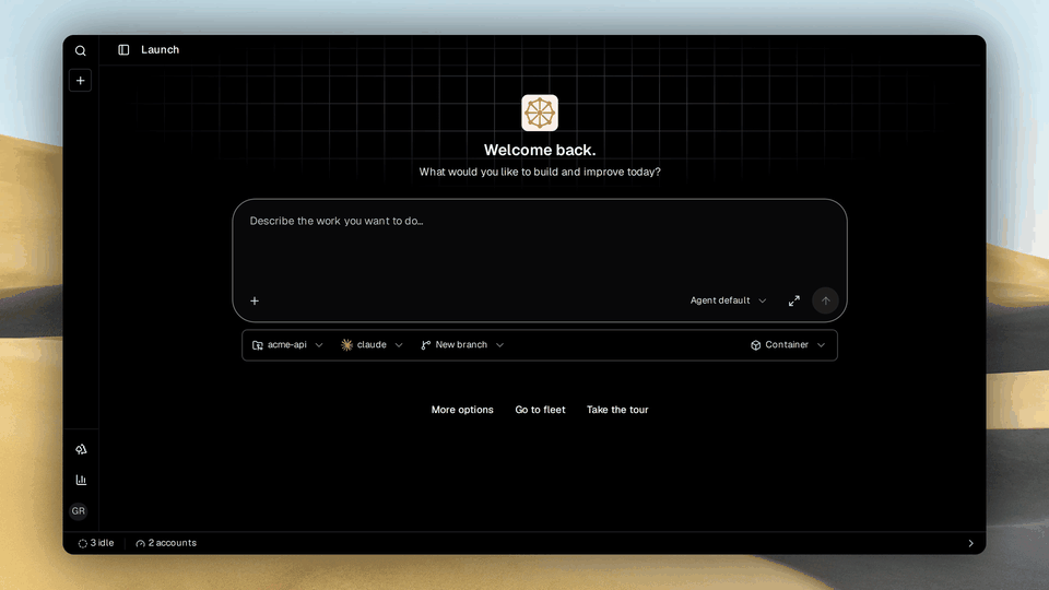 Grove's web dashboard cycling through seven views: the launch composer, the host-wide session catalog, one workspace with its agent transcript beside the work panel, an image being annotated beside the transcript, an architecture diagram the agent drew filling the work pane, the usage audit, and the attention-sorted fleet grid