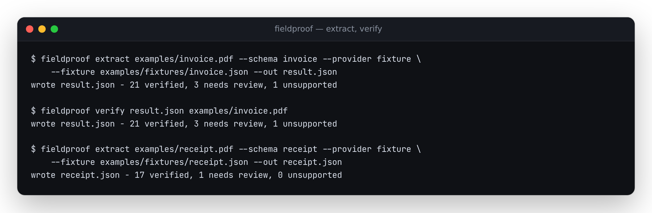 fieldproof extract and verify, real terminal output