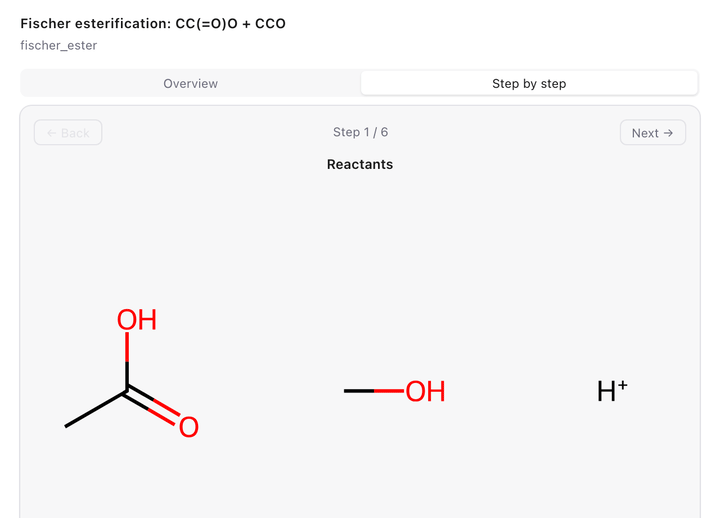 Step-by-step Fischer esterification mechanism with curved arrows in the chat panel