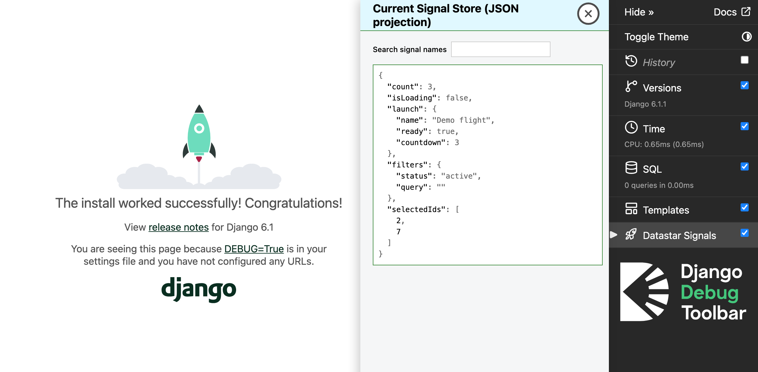 Datastar Signals panel beside Django's welcome page