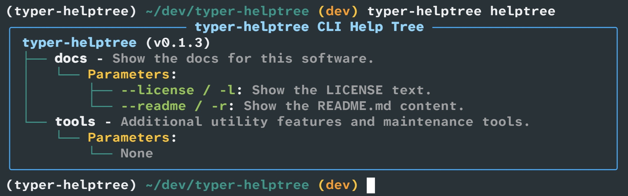 Screenshot of the typer-helptree helptree