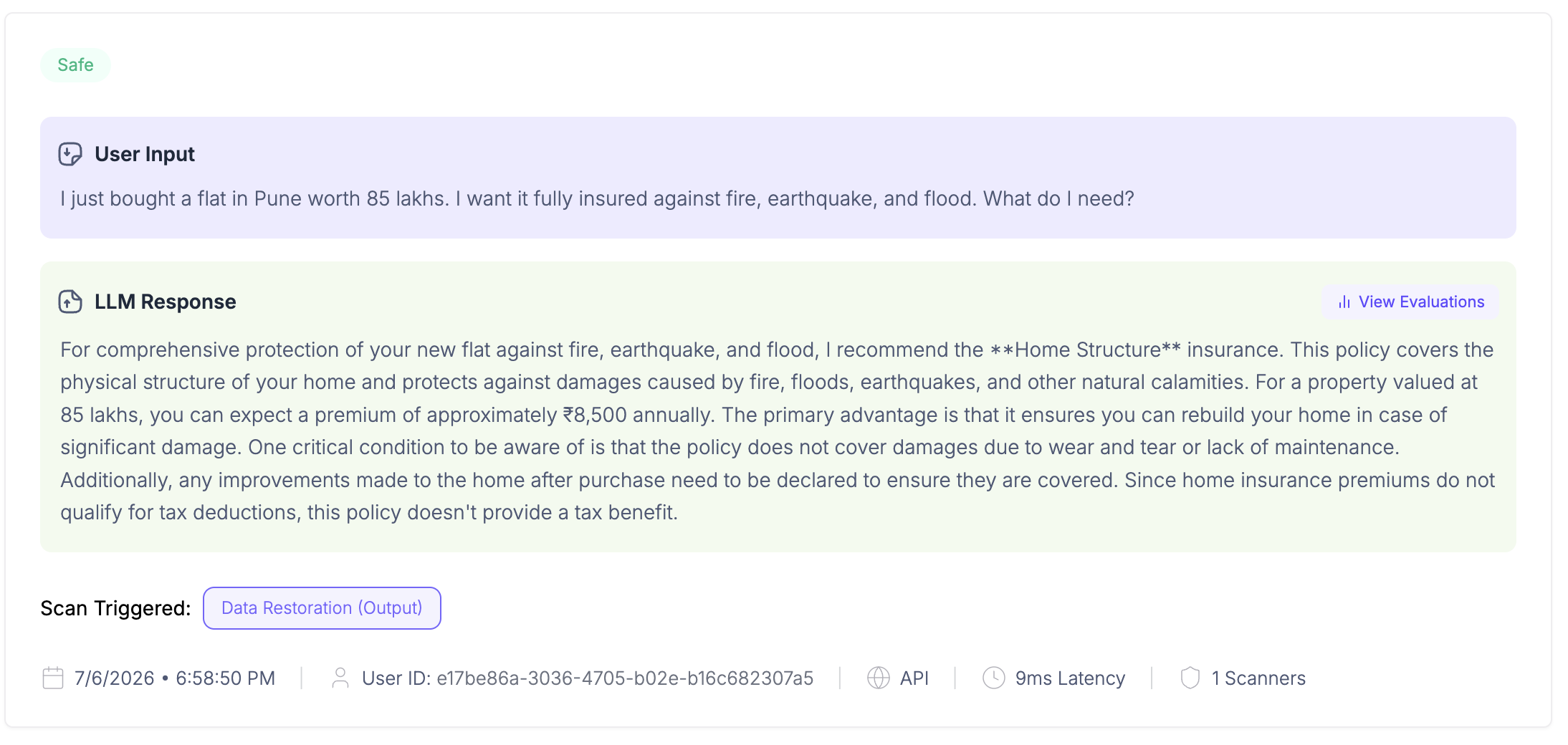 A scanned, traced request — user input, LLM response, latency, and the security scanners applied