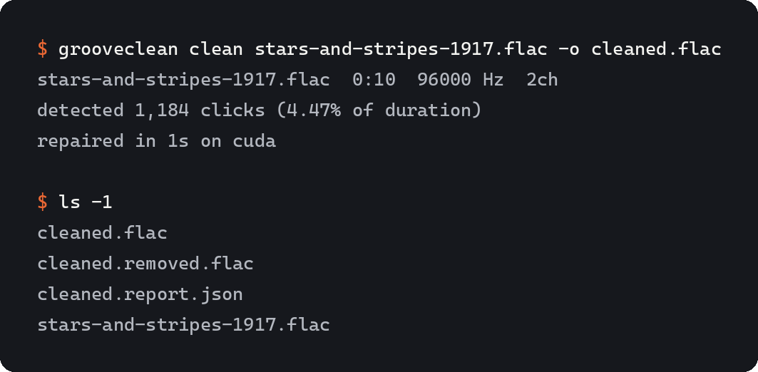 grooveclean cleaning one 78 side and the three files it wrote