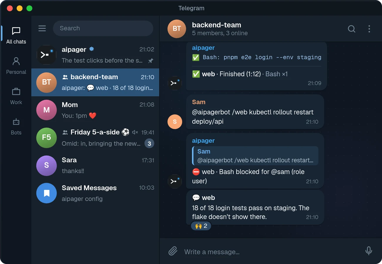 A team group where a command is refused for a member's role while the tests pass