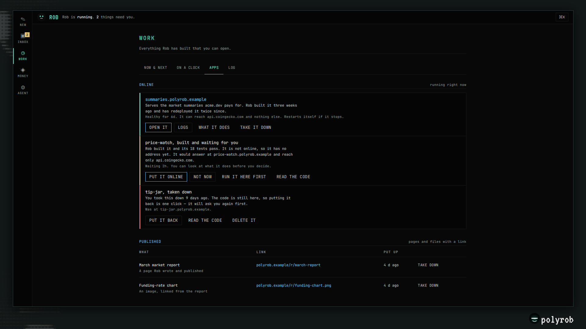 POLYROB Work Apps view showing running, staged, and published applications