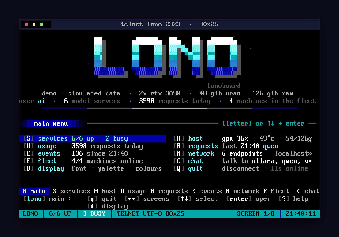 The board in a classic 80x25 terminal