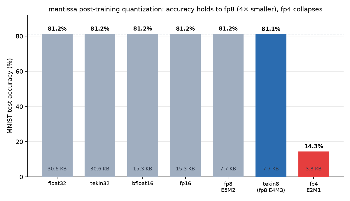 MNIST accuracy vs. model footprint across mantissa storage formats