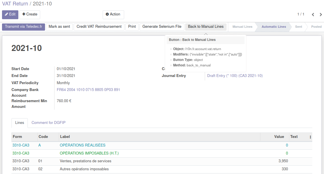 VAT Return with option to teletransmit via Teledec.fr.