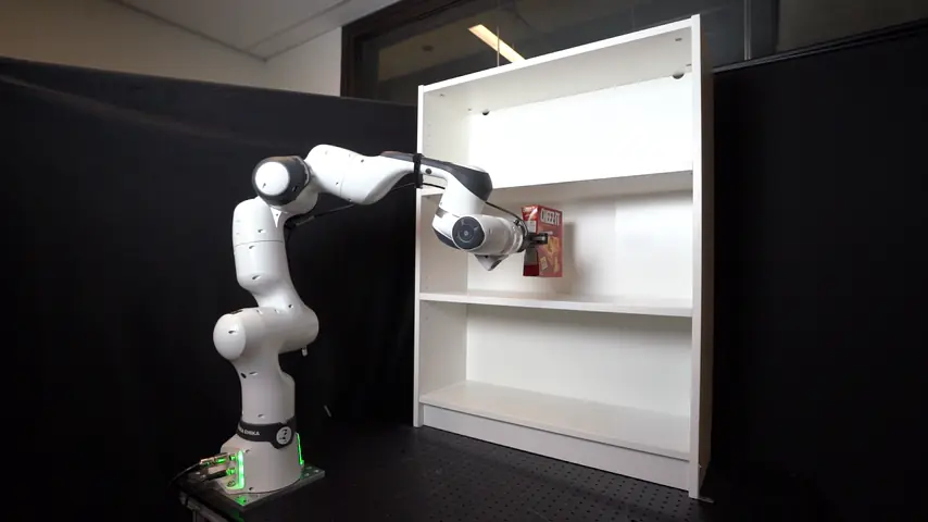 A Franka FR3 arm moves a cracker box from the bottom compartment of a shelf to the top compartment and back