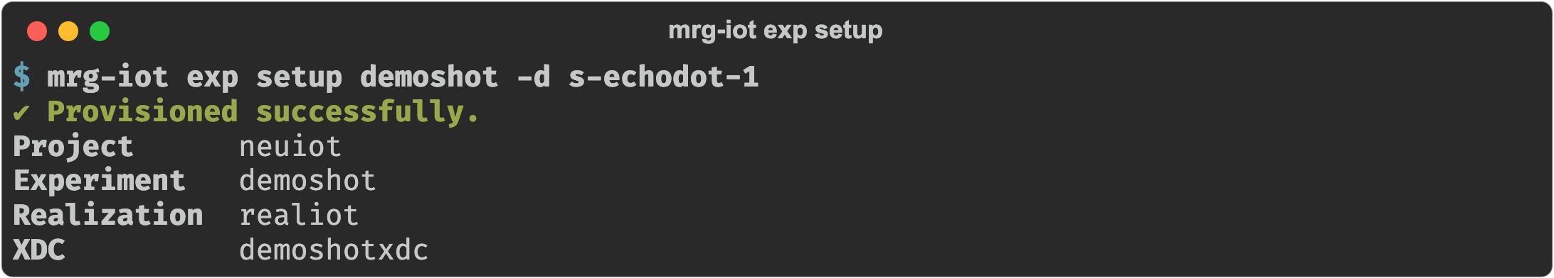 mrg-iot exp setup: create, realize, materialize, XDC and attach in one command