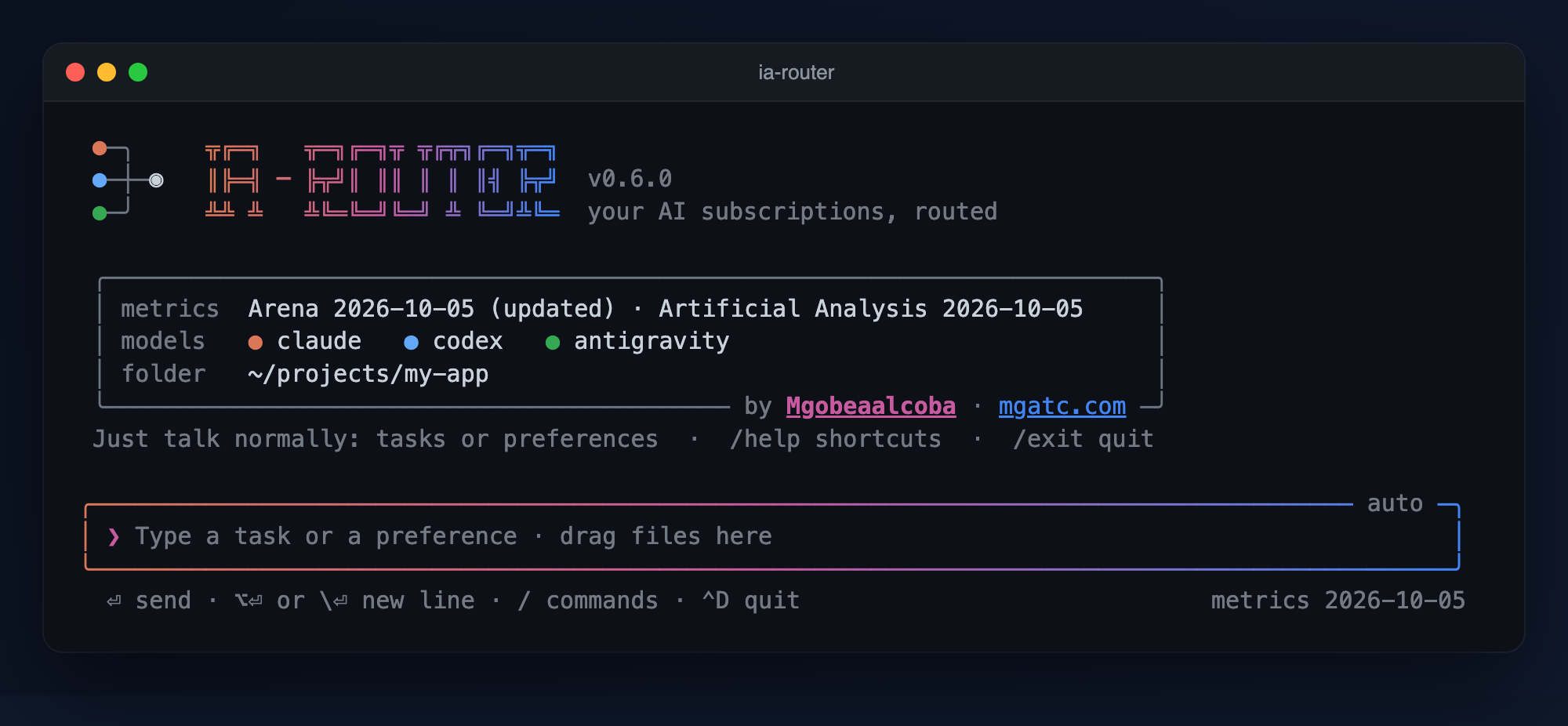 ia-router header in the terminal: logo, Arena and Artificial Analysis metrics, models and input box
