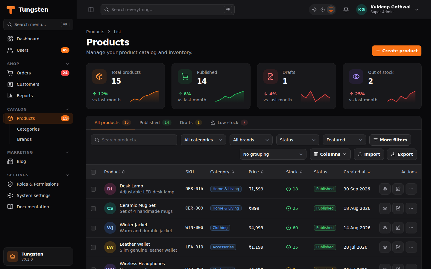 Products table in dark mode