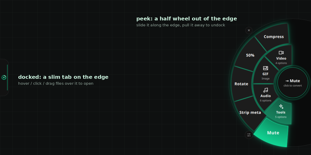 DotMorph edge dock: a tab on the screen edge and a half wheel opening from it