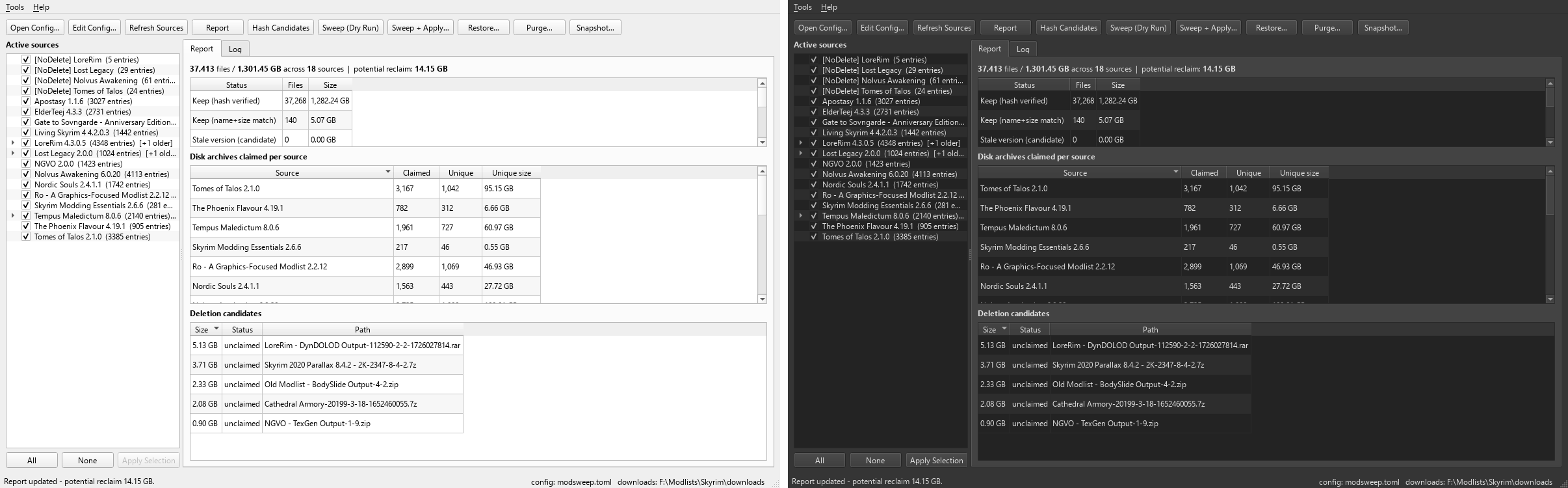The report view: checkable source tree and classification tables