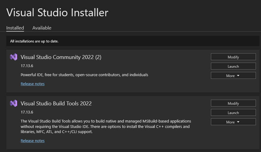 Visual Studio Installer Screen