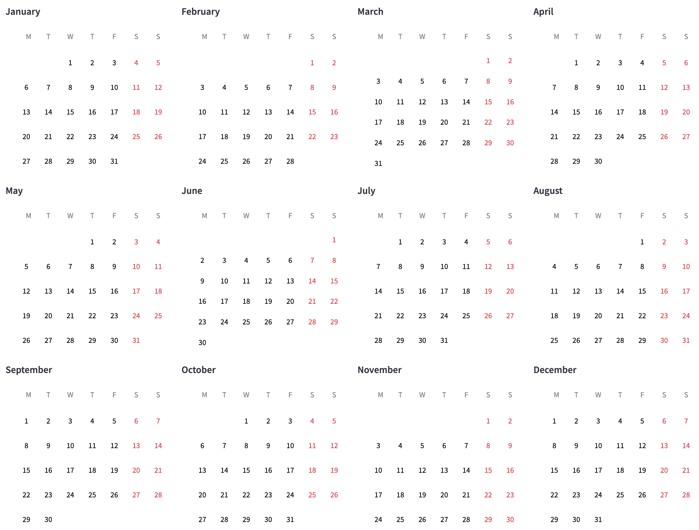 empty full year calendar
