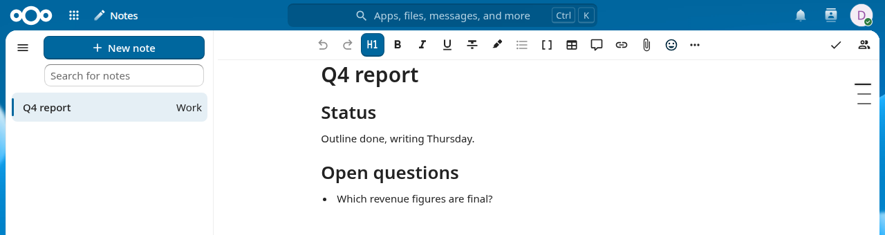 Nextcloud Notes showing the note after a single-section update