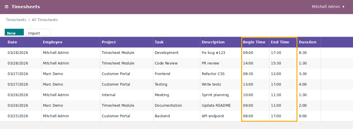 Timesheet list view with Begin Time and End Time columns