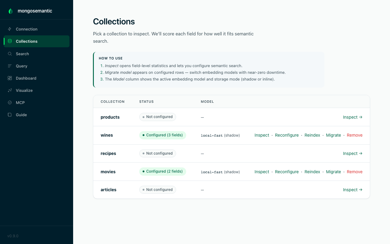 Collections browser — configured collections show model and storage mode; the rest are one click from setup