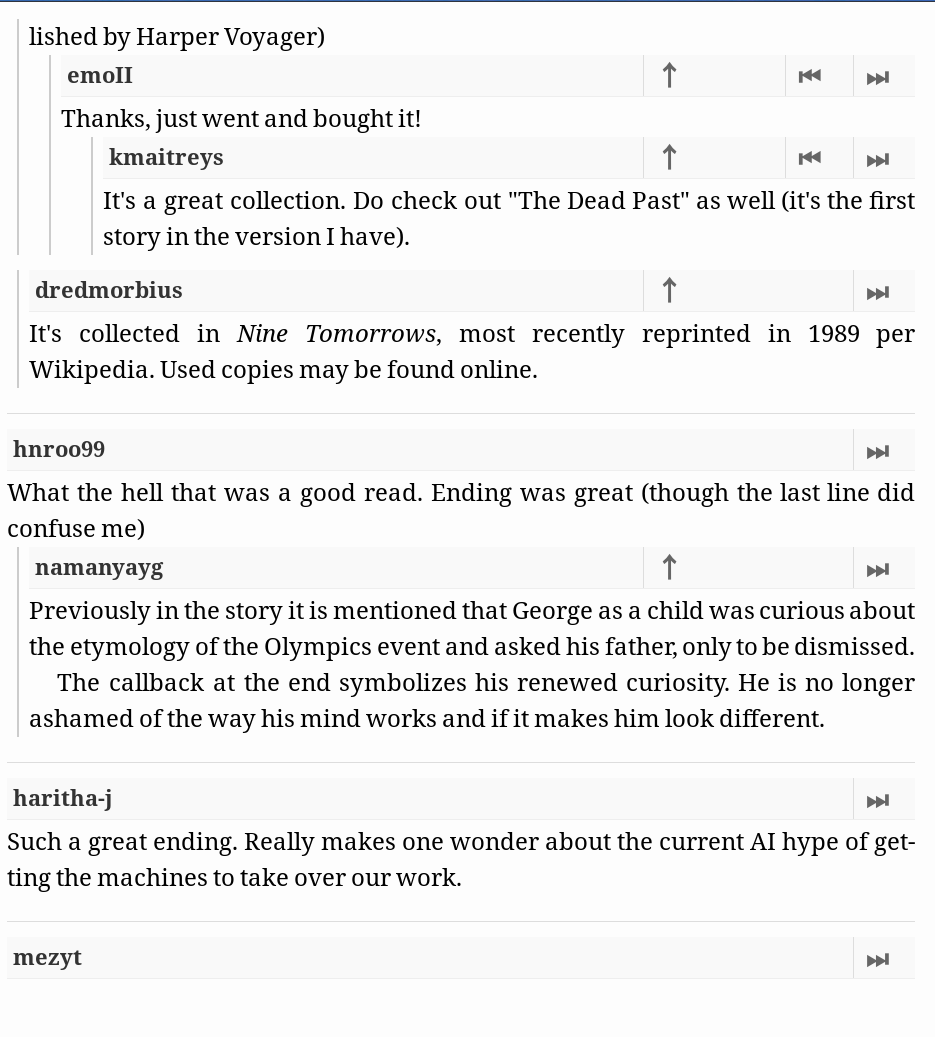 Threaded comments with e-reader navigation controls