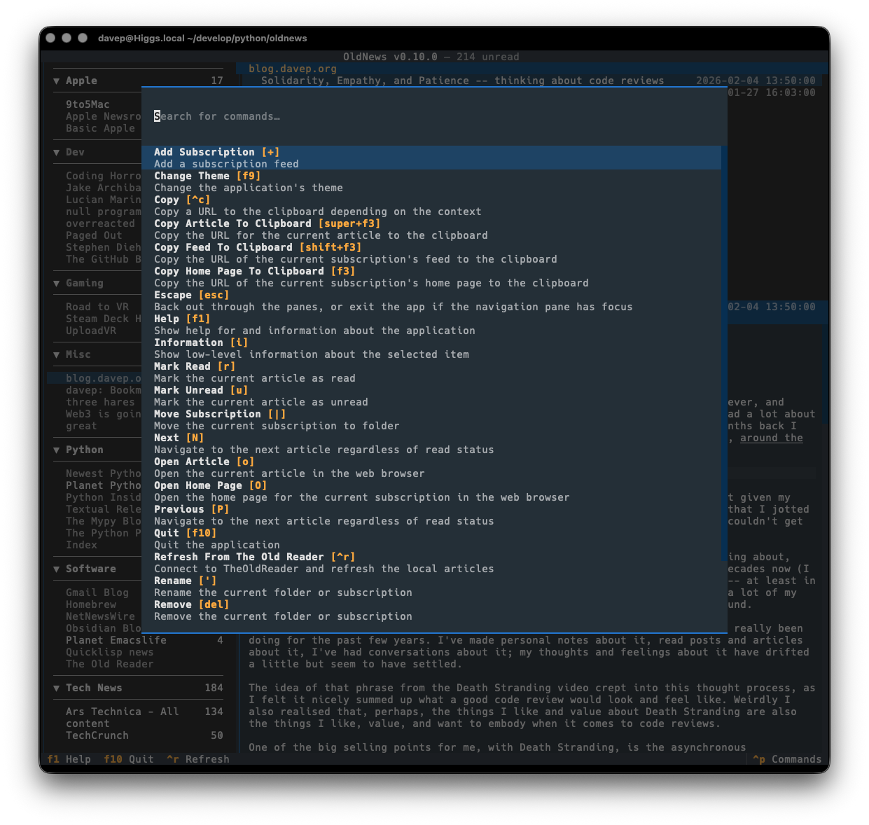 OldNews command palette