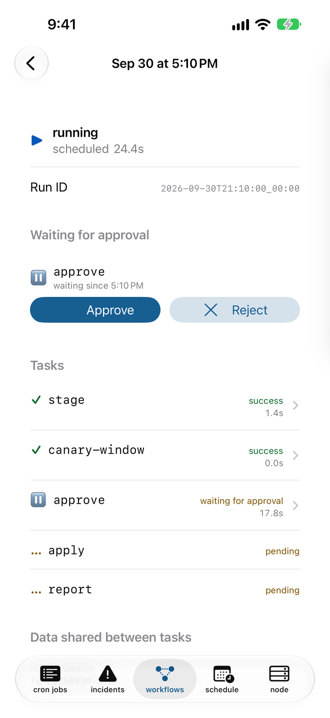 A workflow run in light mode, waiting at an approval gate with Approve and Reject buttons above its task list