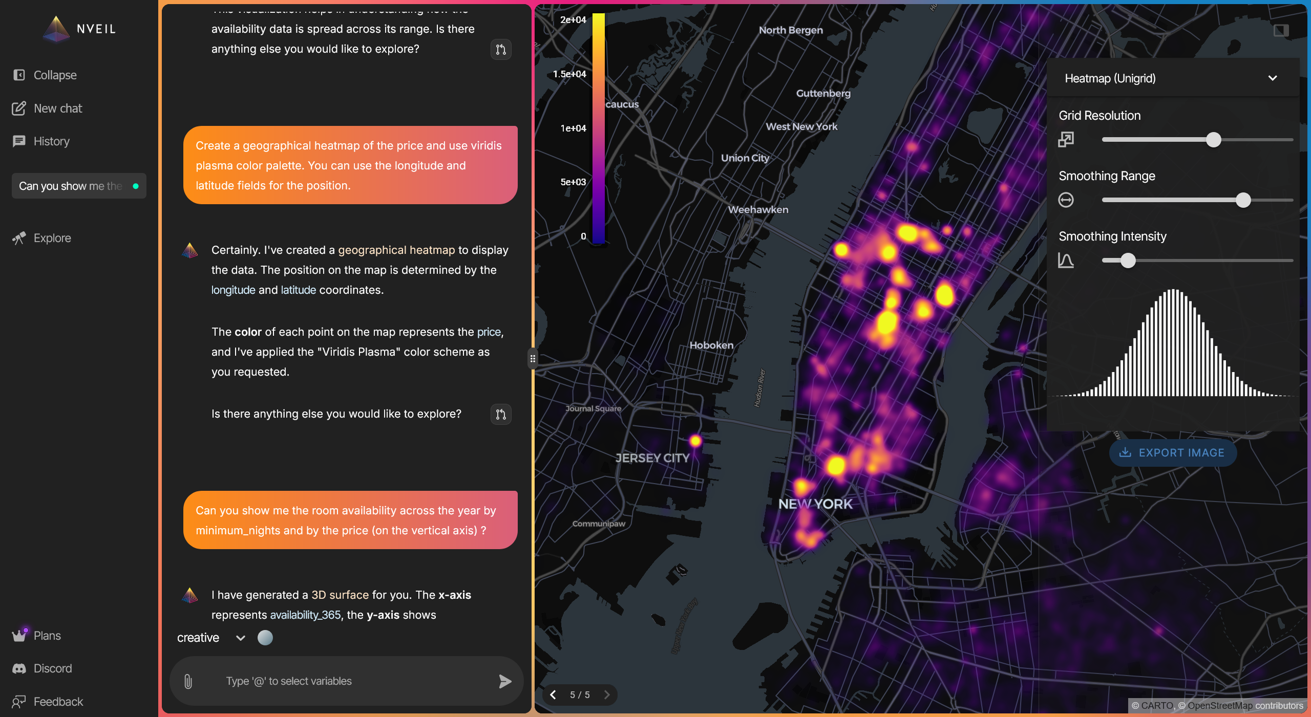NVEIL AI chat — conversational data exploration with geospatial heatmaps