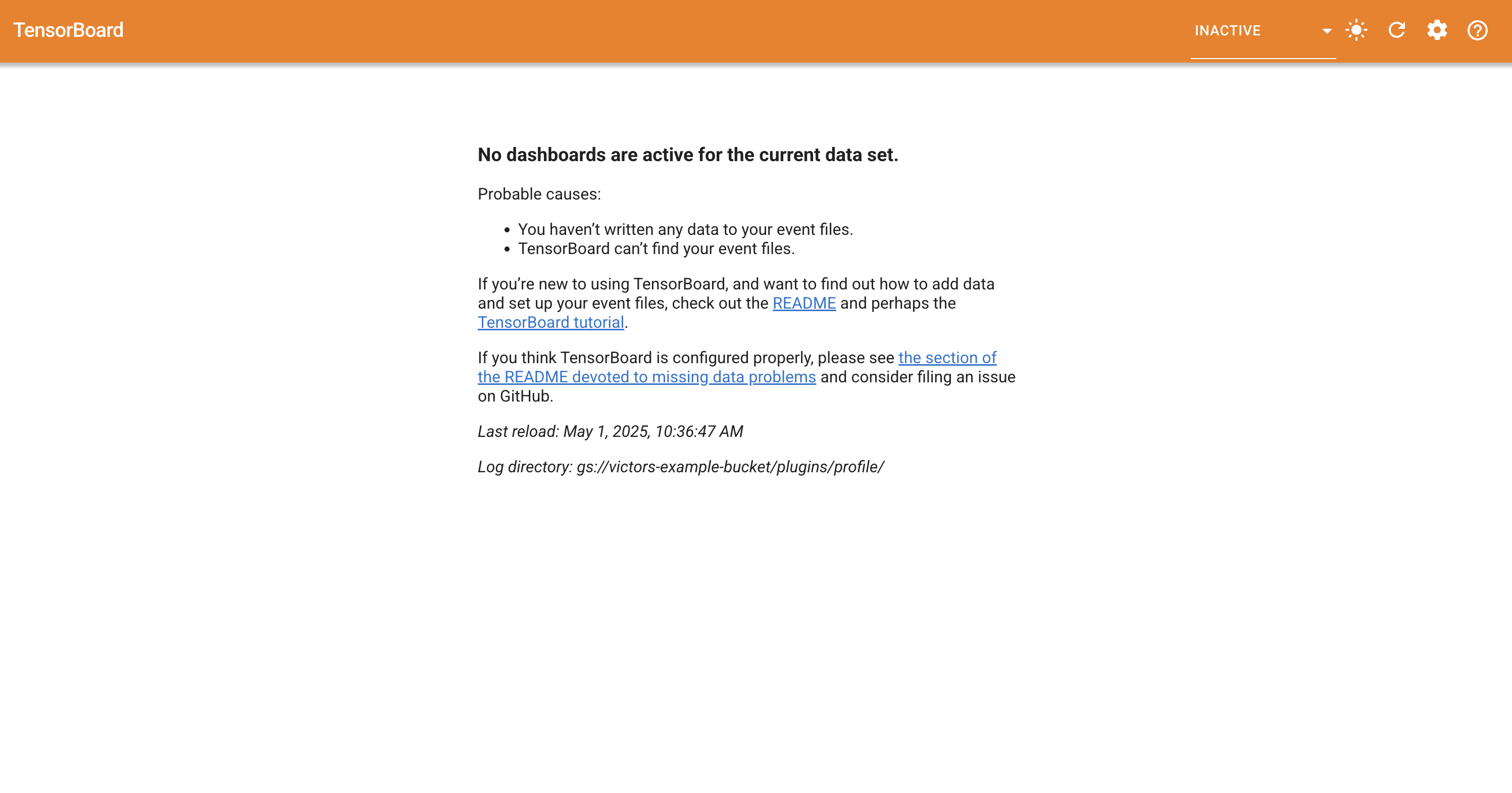 TensorBoard UI that is blank with message on dashboards