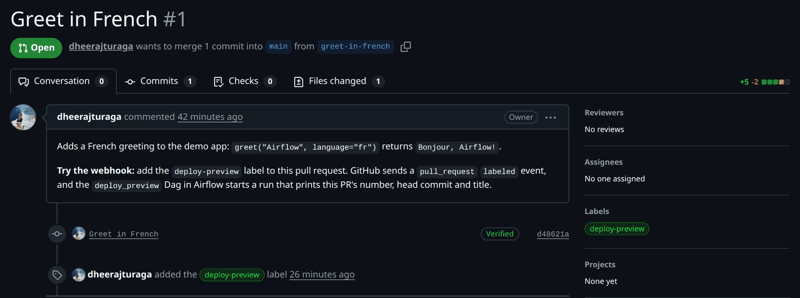 A GitHub pull request, Greet in French #1, with the deploy-preview label added