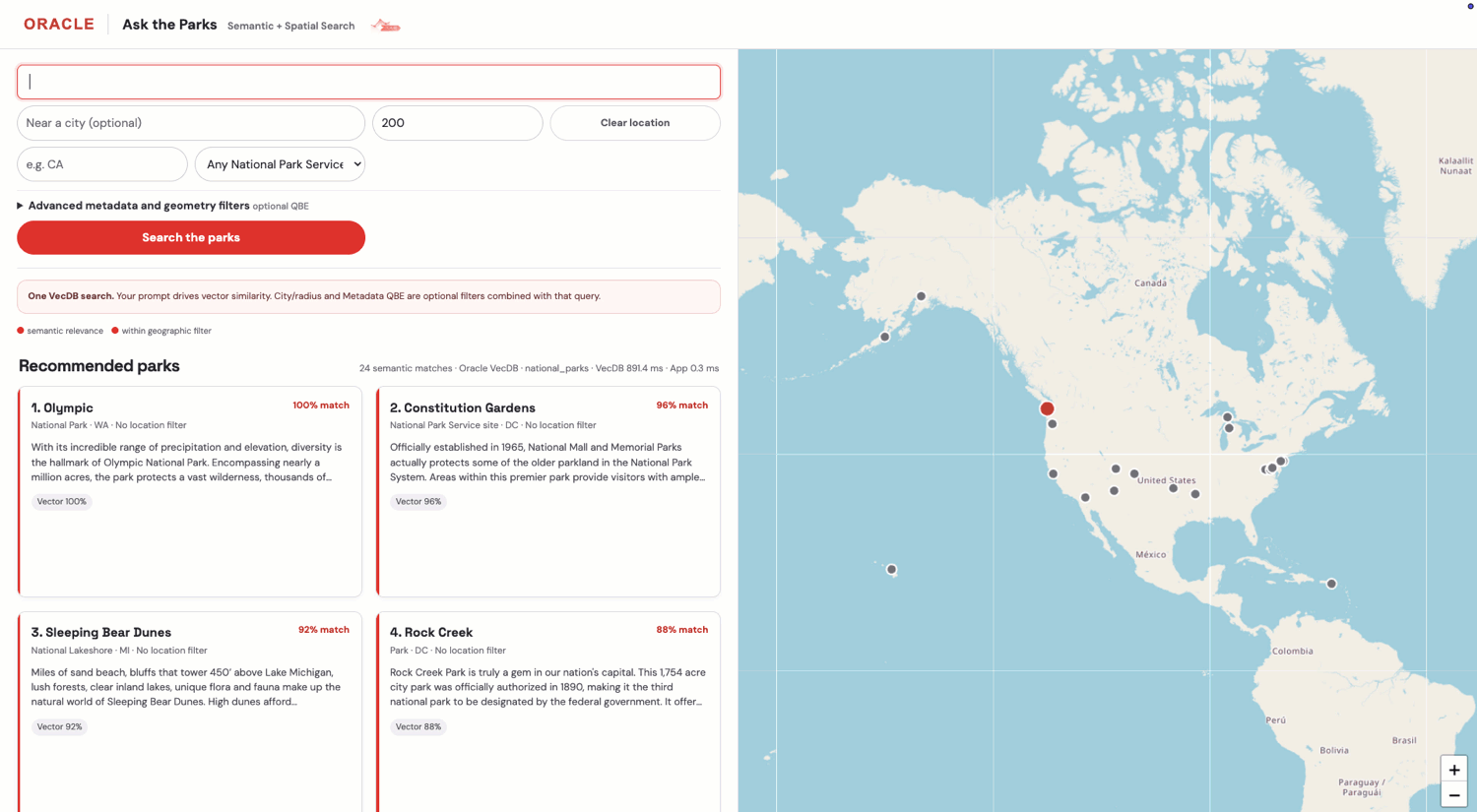 Ask the Parks — semantic, metadata, and spatial search with Oracle VecDB