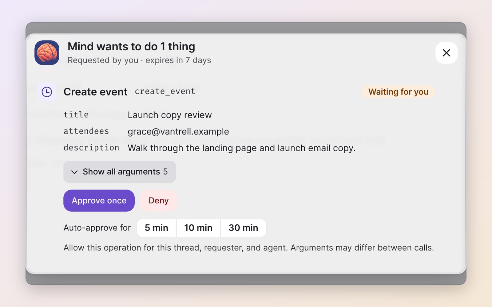 A review dialog where the user approves an agent's calendar booking