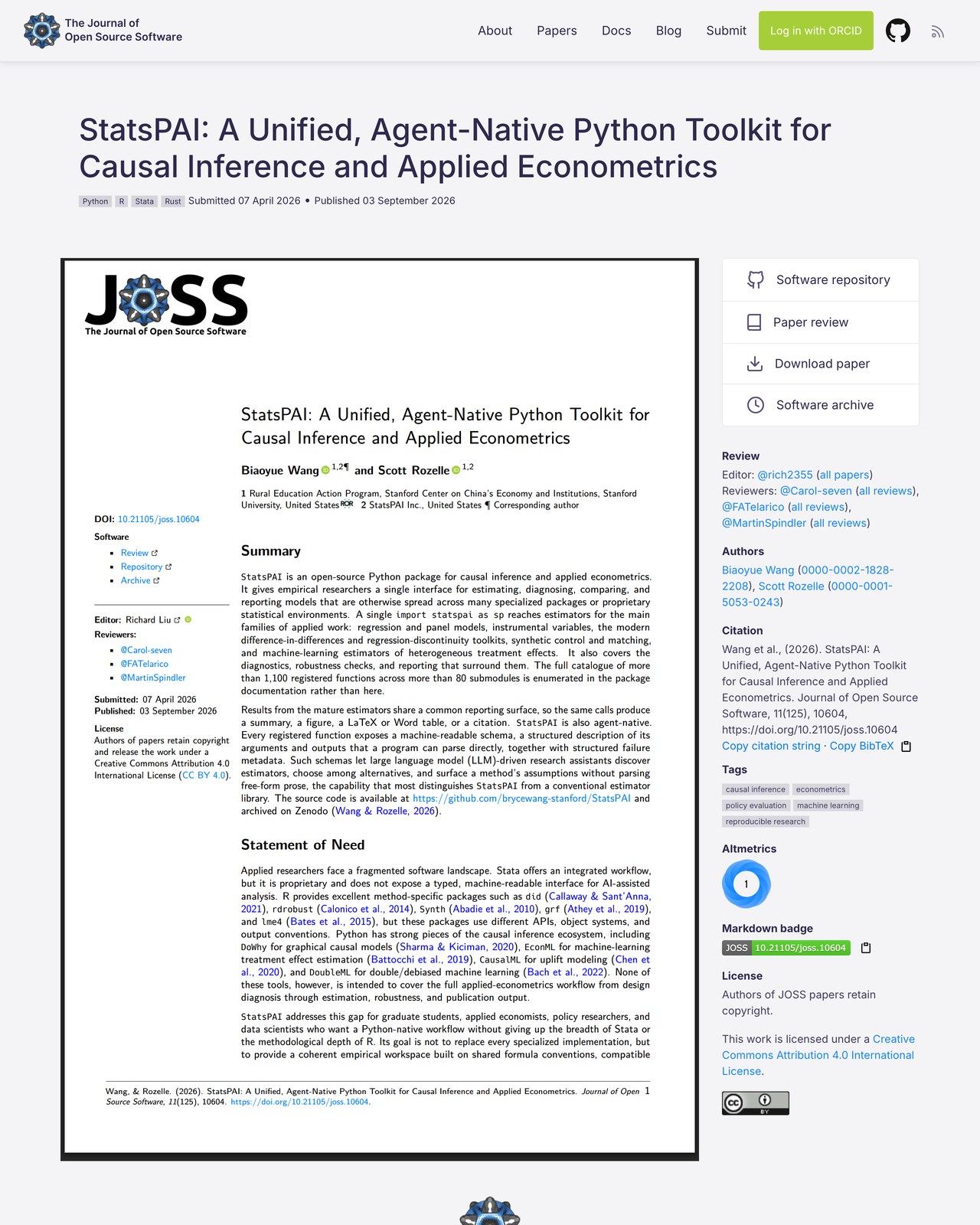 The StatsPAI article page at the Journal of Open Source Software