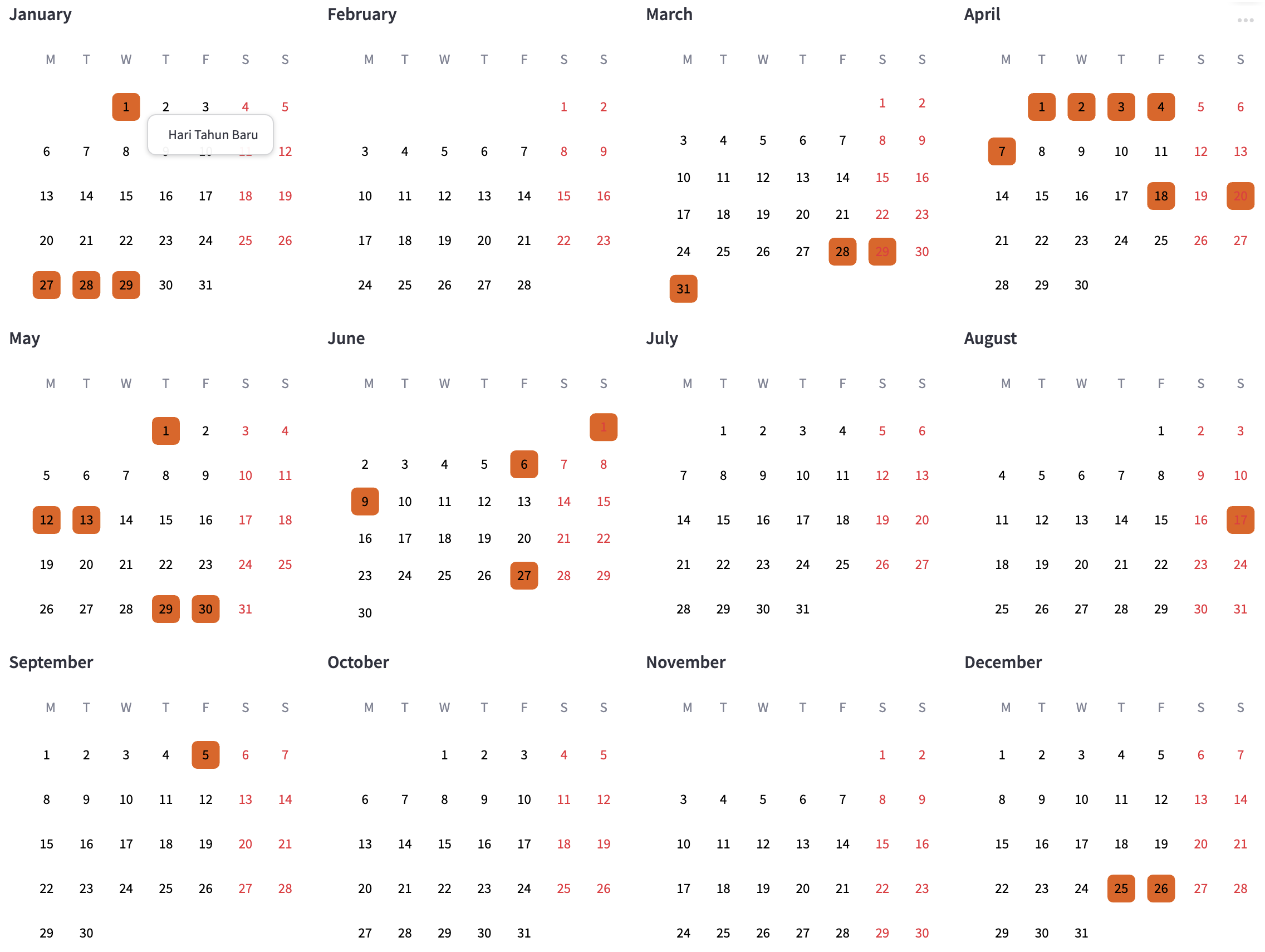 full year calendar with label and marker