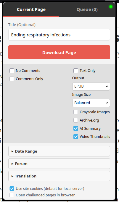 Dala extension popup with output, image, summary, date range, forum, and translation options